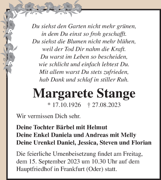 Traueranzeige von Margarete Stange von Märkische Oderzeitung