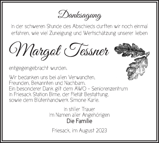 Traueranzeige von Margot Tessner von Märkische Oderzeitung