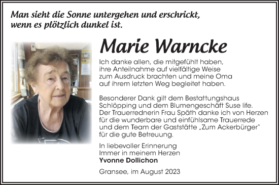 Traueranzeige von Marie Warncke von Märkische Oderzeitung