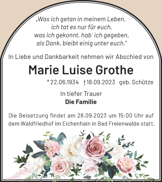 Traueranzeige von Marie Luise Grothe von Märkische Oderzeitung