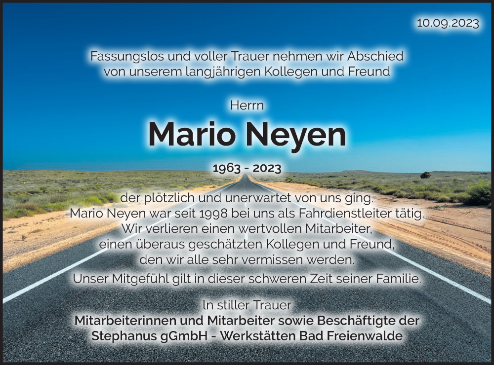  Traueranzeige für Mario Neyen vom 23.09.2023 aus Märkische Oderzeitung