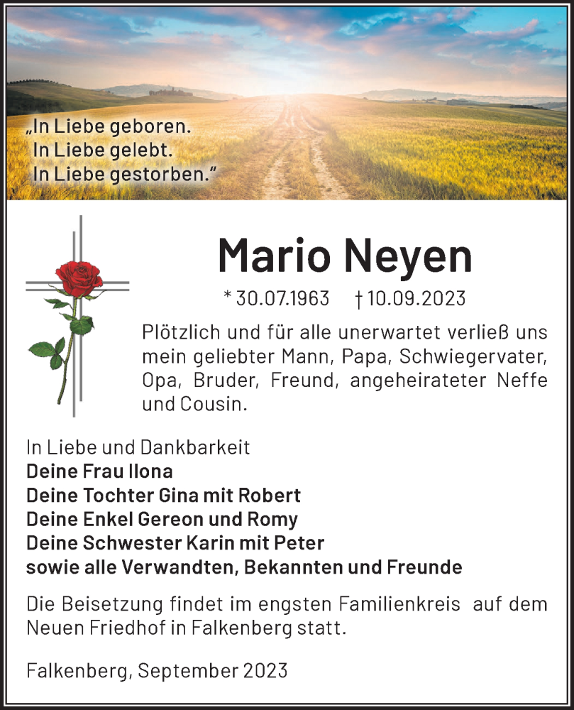  Traueranzeige für Mario Neyen vom 23.09.2023 aus Märkische Oderzeitung