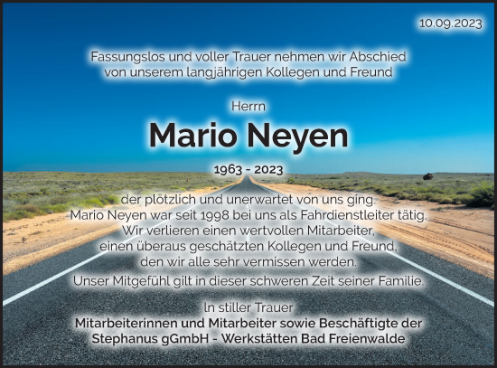 Traueranzeige von Mario Neyen von Märkische Oderzeitung