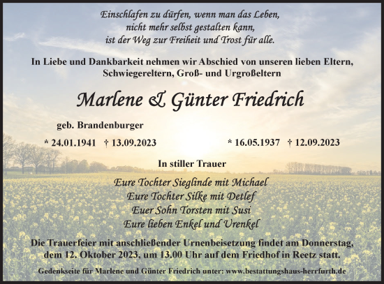 Traueranzeige von Marlene und Günter Friedrich von Märkische Oderzeitung