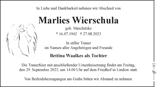 Traueranzeige von Marlies Wierschula von Märkische Oderzeitung