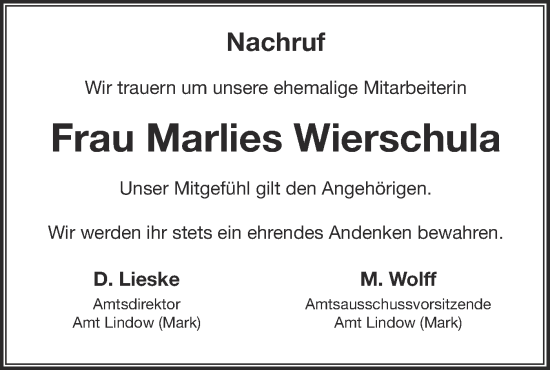 Traueranzeige von Marlies Wierschula von Märkische Oderzeitung