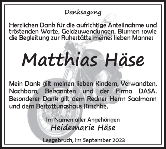 Traueranzeige von Matthias Häse von Märkische Oderzeitung