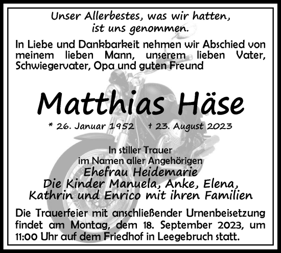 Traueranzeige von Matthias Häse von Märkische Oderzeitung