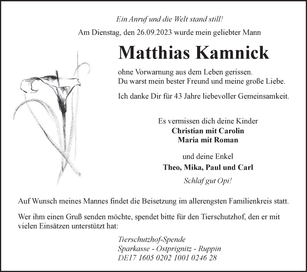  Traueranzeige für Matthias Kamnick vom 30.09.2023 aus Märkische Oderzeitung