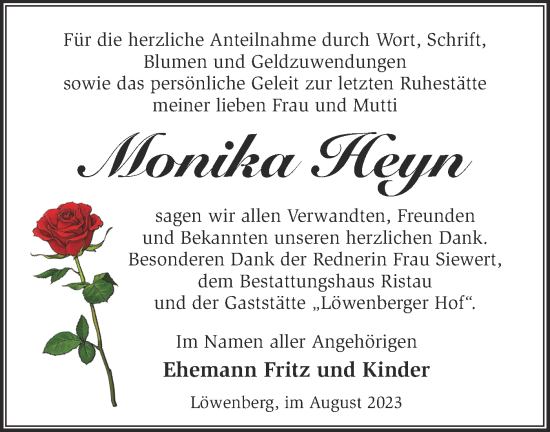 Traueranzeige von Monika Heyn von Märkische Oderzeitung