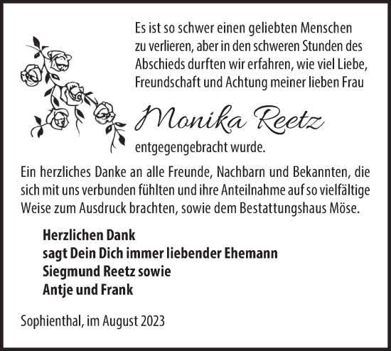 Traueranzeige von Monika Reetz von Märkische Oderzeitung