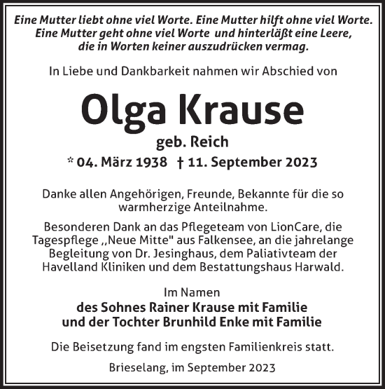 Traueranzeige von Olga Krause von Märkische Oderzeitung