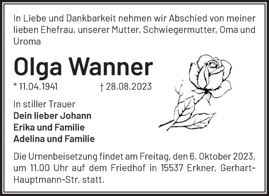 Traueranzeige von Olga Wanner von Märkische Oderzeitung