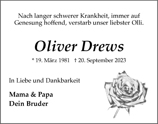Traueranzeige von Oliver Drews von Märkische Oderzeitung
