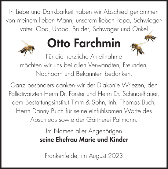 Traueranzeige von Otto Farchmin von Märkische Oderzeitung