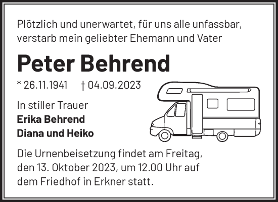 Traueranzeige von Peter Behrend von Märkische Oderzeitung