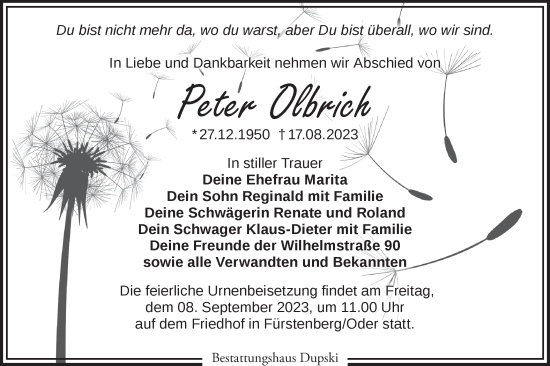 Traueranzeige von Peter Olbrich von Märkische Oderzeitung