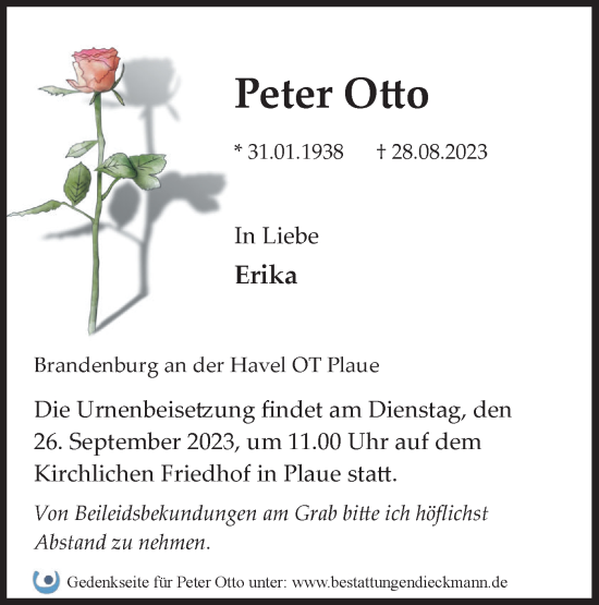 Traueranzeige von Peter Otto von Märkische Oderzeitung