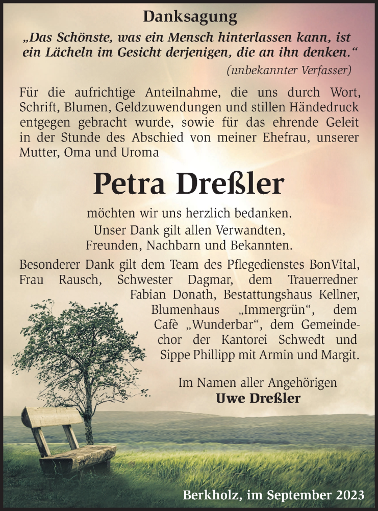  Traueranzeige für Petra Dreßler vom 26.09.2023 aus Märkische Oderzeitung