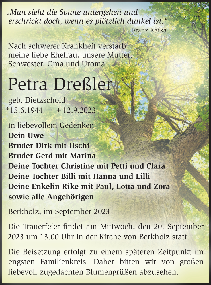  Traueranzeige für Petra Dreßler vom 16.09.2023 aus Märkische Oderzeitung