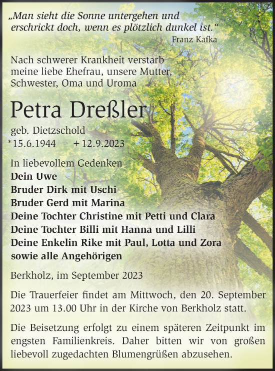 Traueranzeige von Petra Dreßler von Märkische Oderzeitung