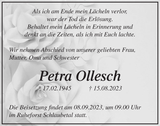 Traueranzeige von Petra Ollesch von Märkische Oderzeitung