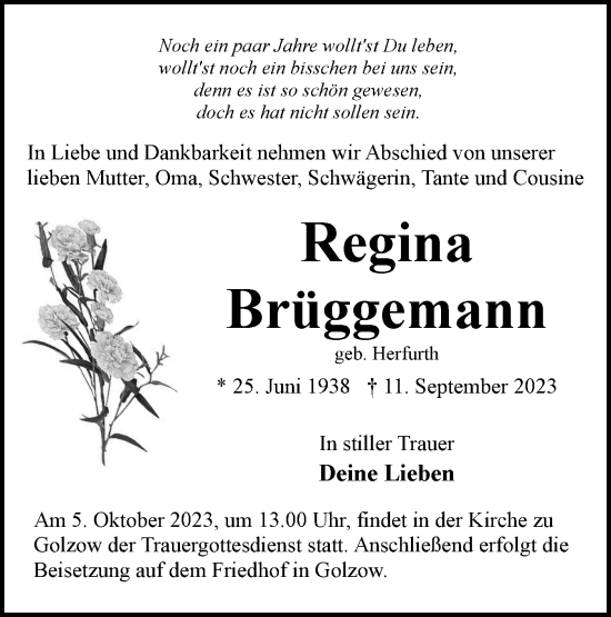 Traueranzeige von Regina Brüggemann von Märkische Oderzeitung