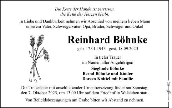 Anzeige Reinhard Böhnke