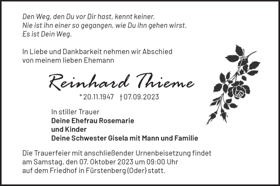 Traueranzeige von Reinhard Thieme von Märkische Oderzeitung