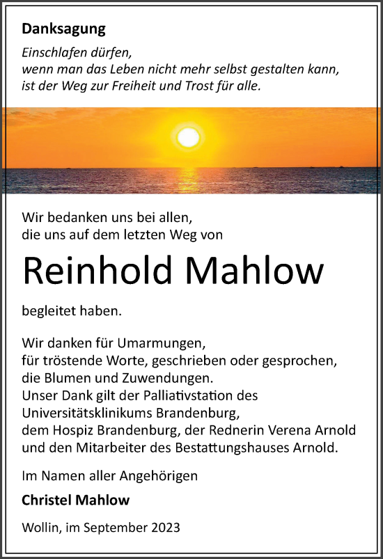 Traueranzeige von Reinhold Mahlow von Märkische Oderzeitung