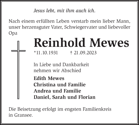 Traueranzeige von Reinhold Mewes von Märkische Oderzeitung