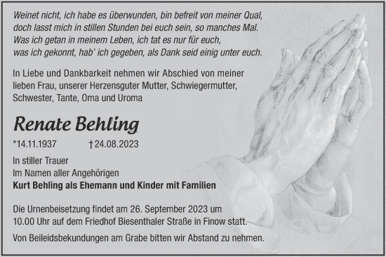 Traueranzeige von Renate Behling von Märkische Oderzeitung