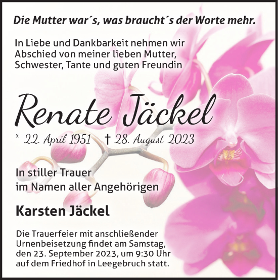 Traueranzeige von Renate Jäckel von Märkische Oderzeitung