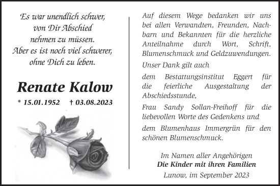 Traueranzeige von Renate Kalow von Märkische Oderzeitung