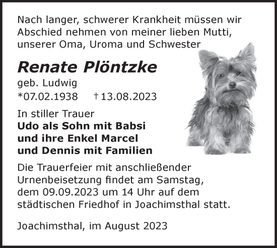 Traueranzeige von Renate Plöntzke von Märkische Oderzeitung