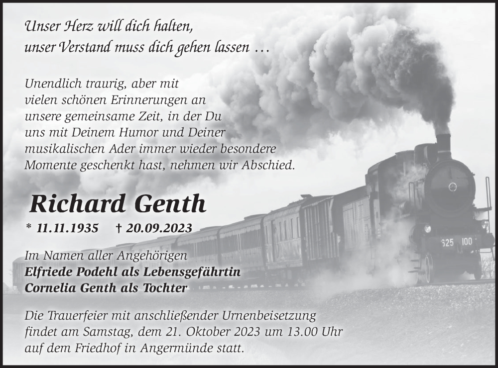  Traueranzeige für Richard Genth vom 26.09.2023 aus Märkische Oderzeitung