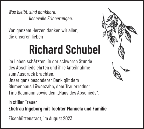 Traueranzeige von Richard Schubel von Märkische Oderzeitung