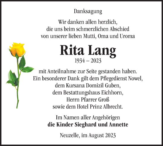 Traueranzeige von Rita Lang von Märkische Oderzeitung