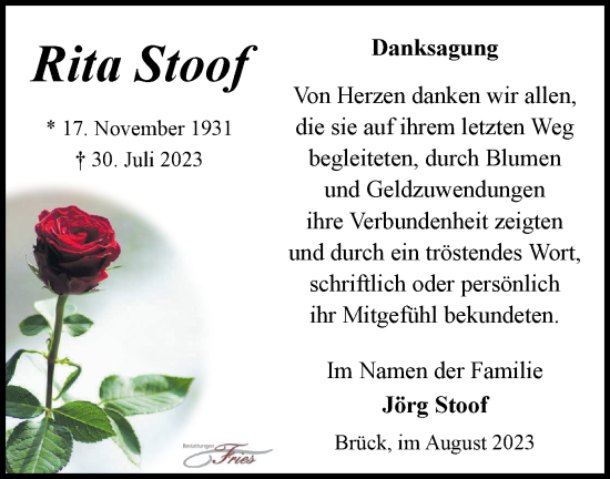 Traueranzeige von Rita Stoof von Märkische Oderzeitung