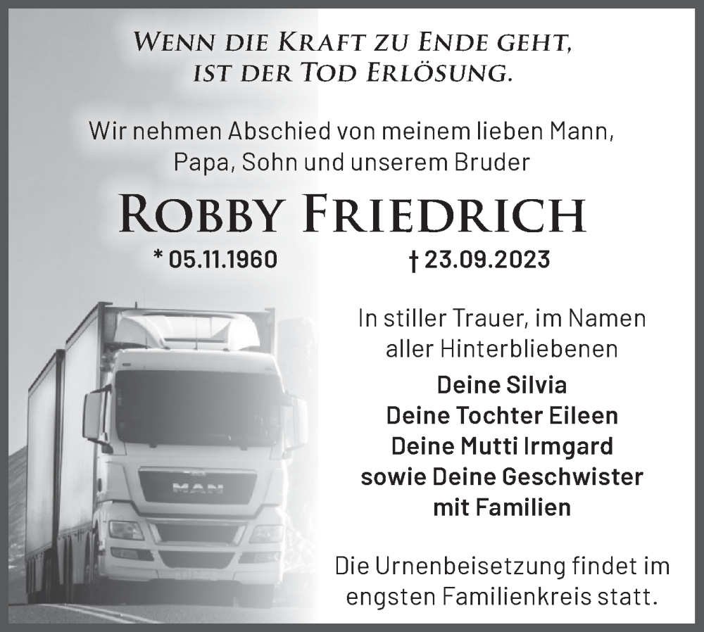  Traueranzeige für Robby Friedrich vom 30.09.2023 aus Märkische Oderzeitung