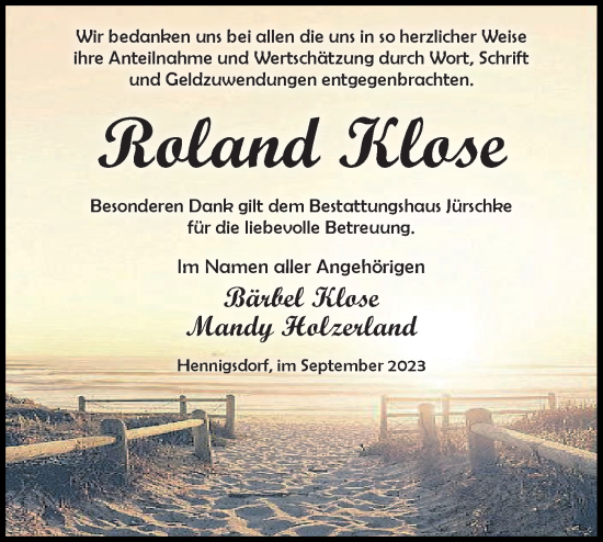 Traueranzeige von Roland Klose von Märkische Oderzeitung