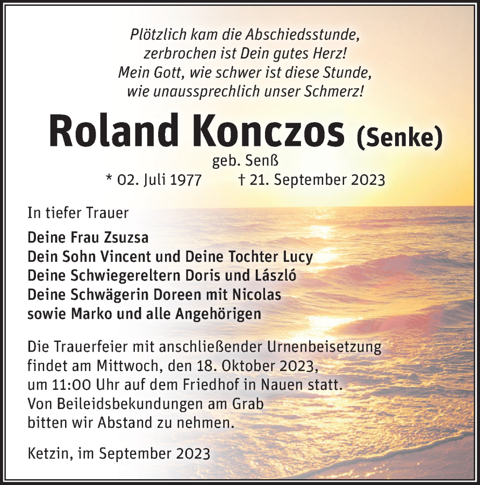  Traueranzeige für Roland Konczos vom 30.09.2023 aus Märkische Oderzeitung