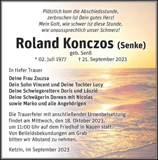 Traueranzeige von Roland Konczos von Märkische Oderzeitung