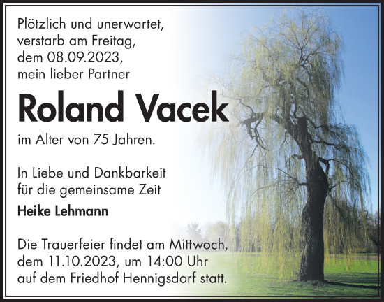 Traueranzeige von Roland Vacek von Märkische Oderzeitung