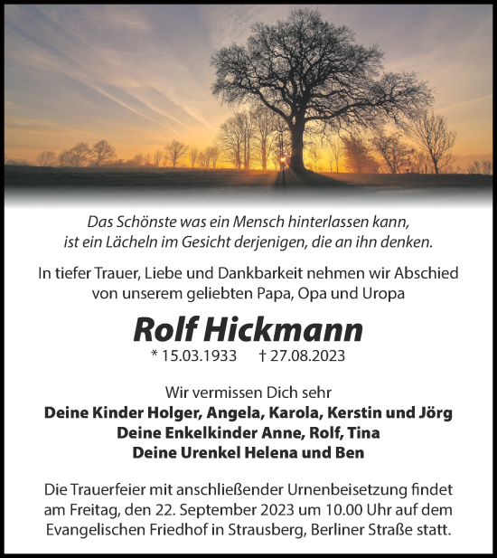 Traueranzeige von Rolf Hickmann von Märkische Oderzeitung