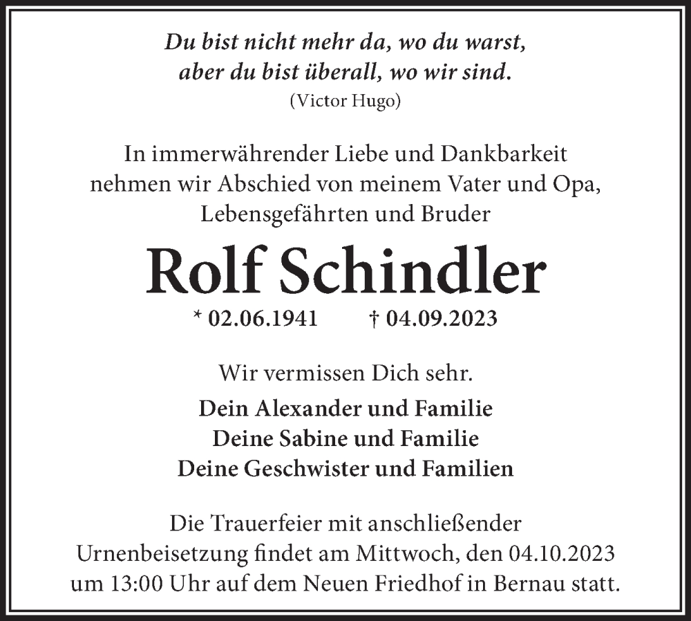  Traueranzeige für Rolf Schindler vom 20.09.2023 aus Märkische Oderzeitung