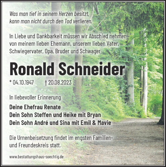 Traueranzeige von Ronald Schneider von Märkische Oderzeitung