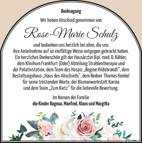 Traueranzeige von Rose-Marie Schulz von Märkische Oderzeitung