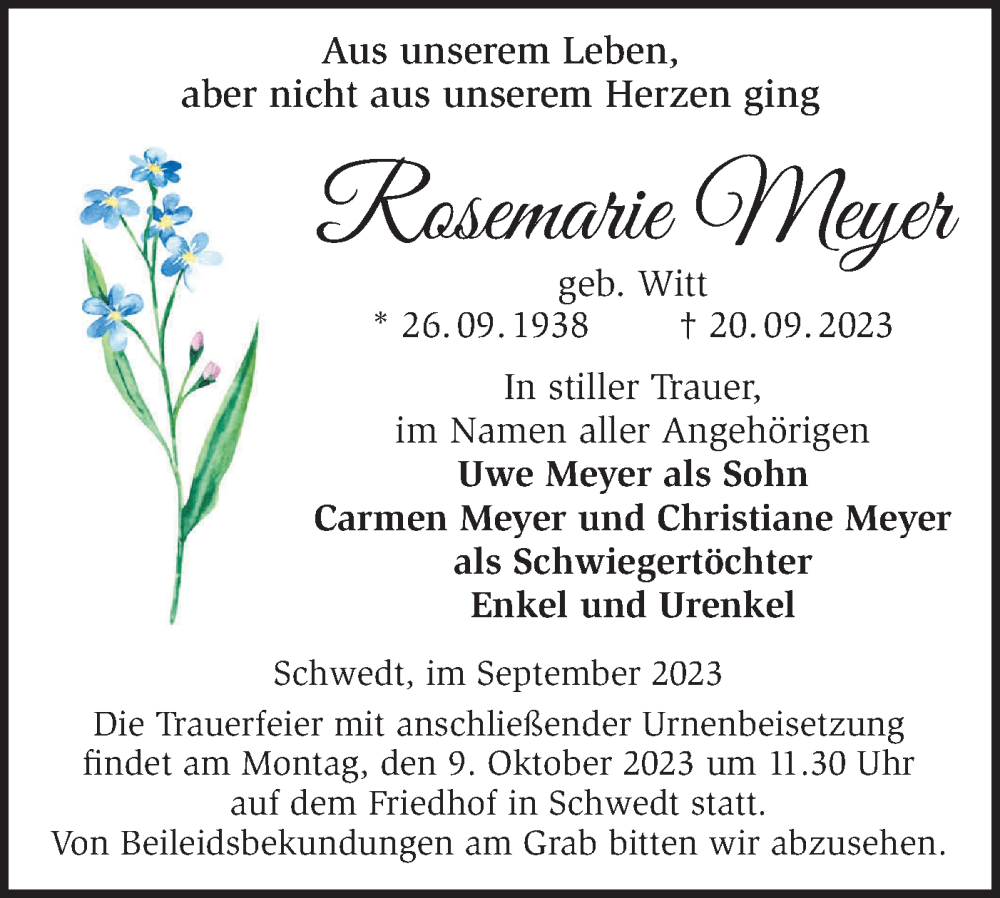  Traueranzeige für Rosemarie Meyer vom 26.09.2023 aus Märkische Oderzeitung