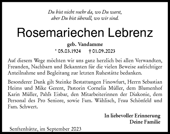 Traueranzeige von Rosemariechen Lebrenz von Märkische Oderzeitung